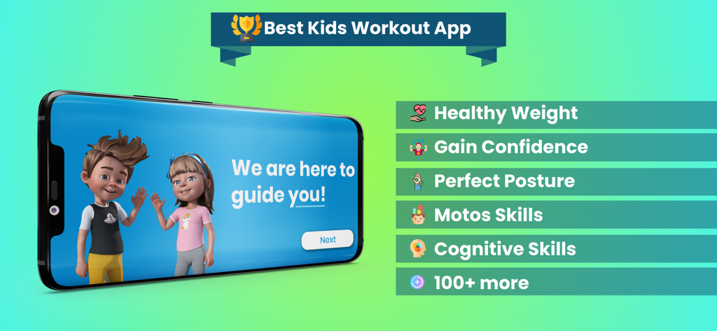 Fitness for Kids: Kids Workout - Banner for Fitness for Kids app featuring animated characters and benefits like perfect posture and healthy weight