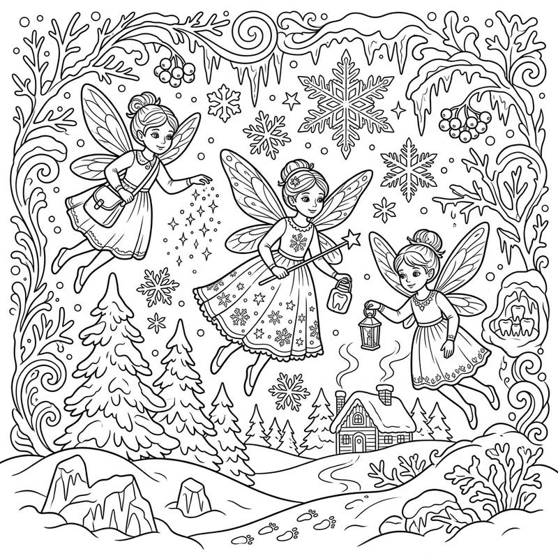 Step into a frosty dreamland where three charming Tooth Fairies gracefully glide through a snow-kissed forest. This delightful coloring page combines the magic of these mythical beings with the serene beauty of a winter landscape, perfect for sparking imagination.