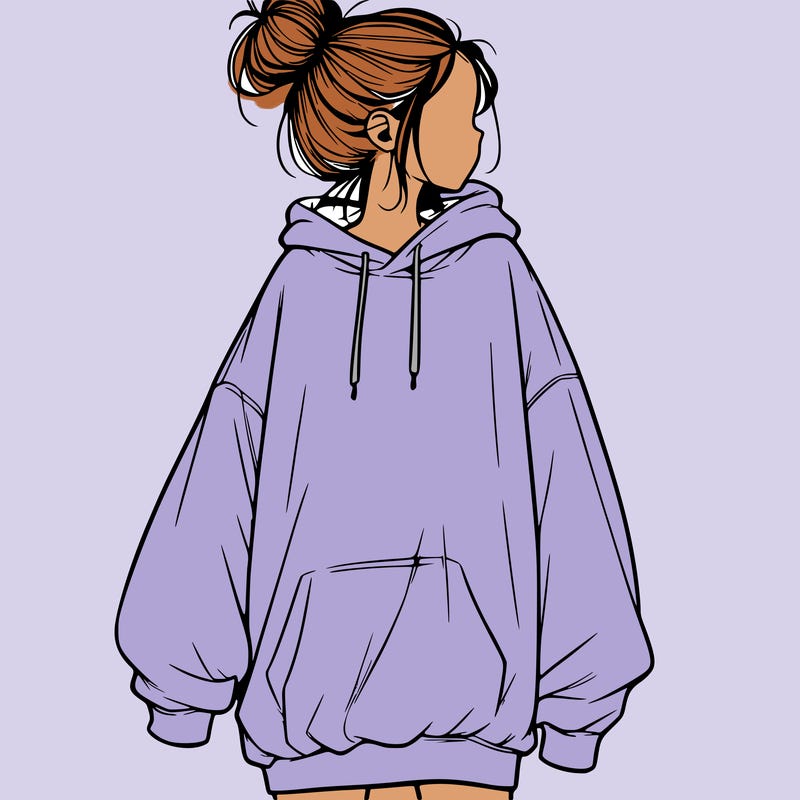 realistic girl with a oversized sweatshirt on and a bun