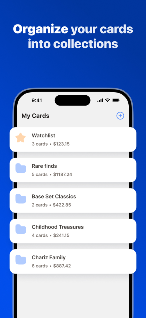 Trading card value scanner - Mobile app interface displaying custom trading card collections and total market values