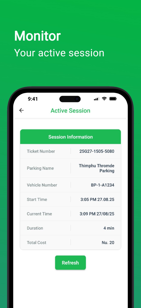 Parking.bt - Smartphone screen showing active parking session details and duration in the Parking.bt app
