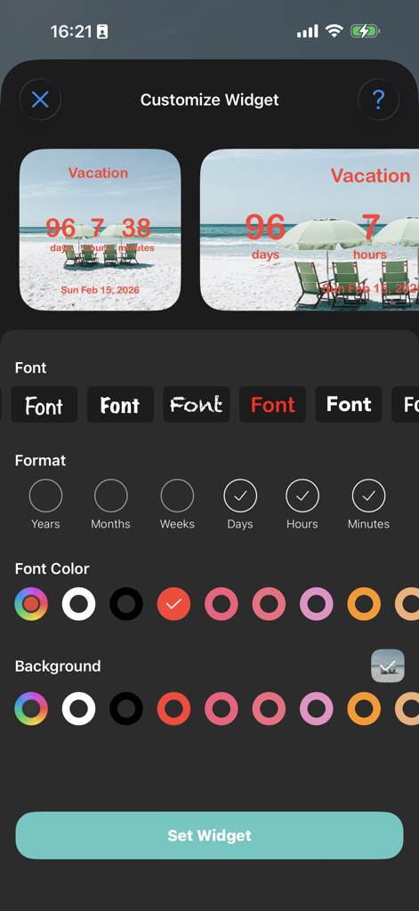 Personnalisation d'un widget de compte à rebours de vacances avec des options de police et de couleur