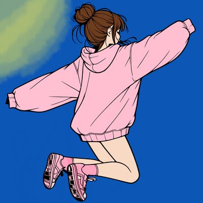 realistic girl jumping with a bun and oversized sweatshirt
