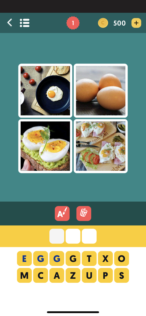 Gameplay of Word Picture puzzle game showing four images of eggs for level one