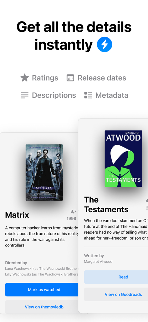 Listy app interface showing automated metadata for movies and books including posters and ratings