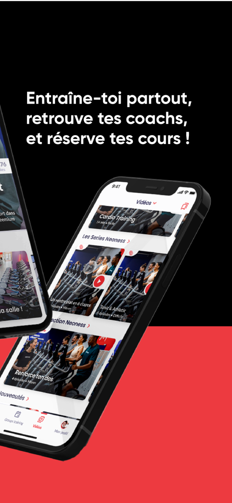 Neoness - Interfaz de la aplicación móvil Neoness que muestra videos de entrenamiento digital y series de ejercicios para cardio y tonificación.