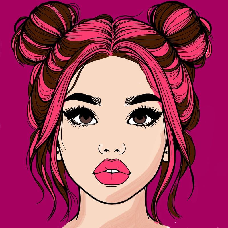 realistic girl with two buns on her hair and lips