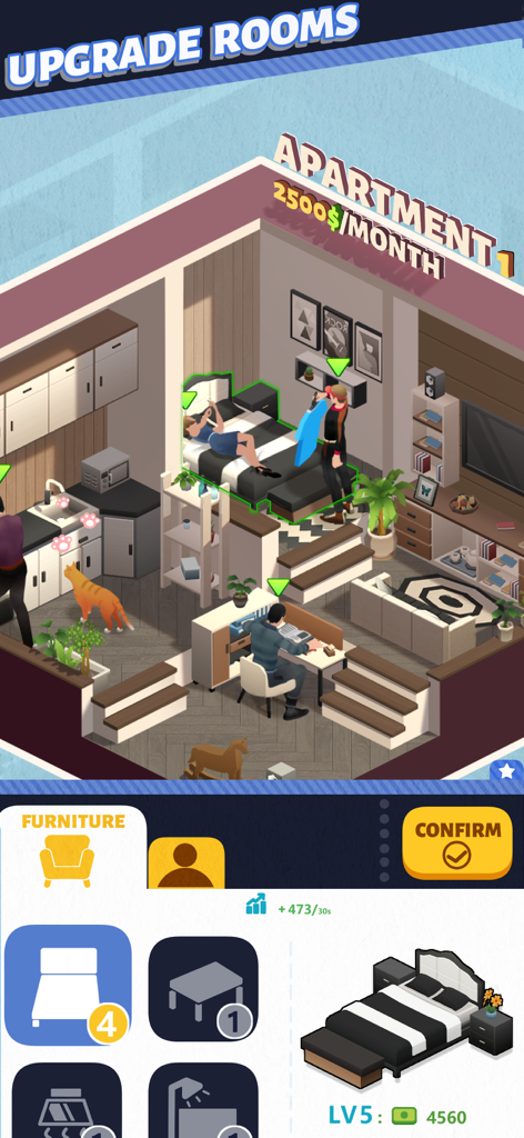 Gameplay screenshot of Idle Landlord Sim showing the interface to upgrade furniture and increase apartment rent.