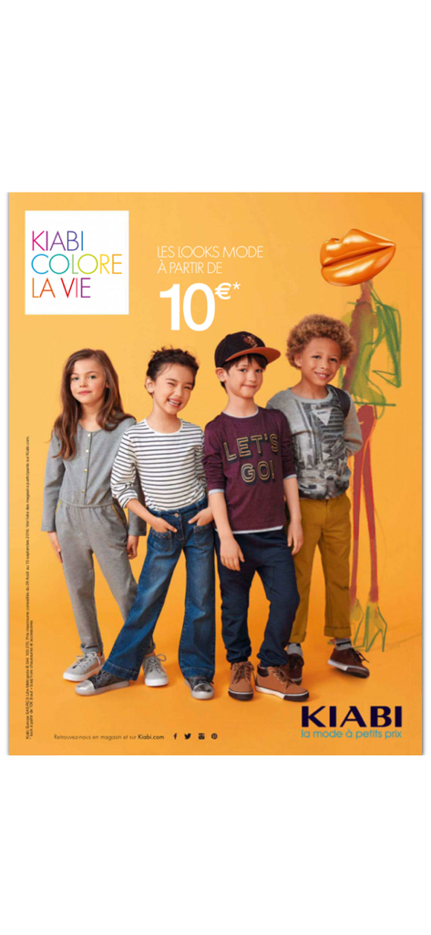 Anzeige für Kiabi Kindermode mit vier Kindern in stilvollen Outfits auf orangefarbenem Hintergrund
