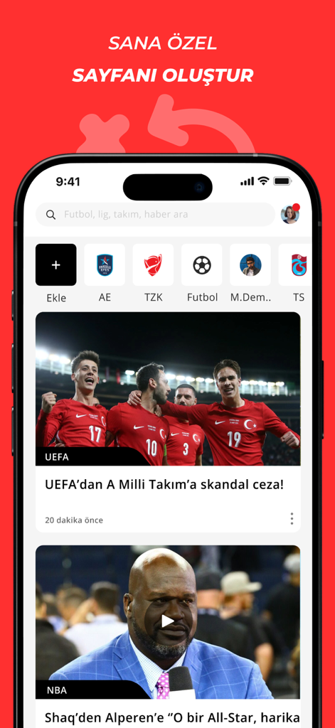 Fanatik: Breaking Sport News - Ein mobiler Bildschirm der Fanatik-App, der einen personalisierten Newsfeed mit Artikeln über türkischen Fußball und die NBA zeigt.