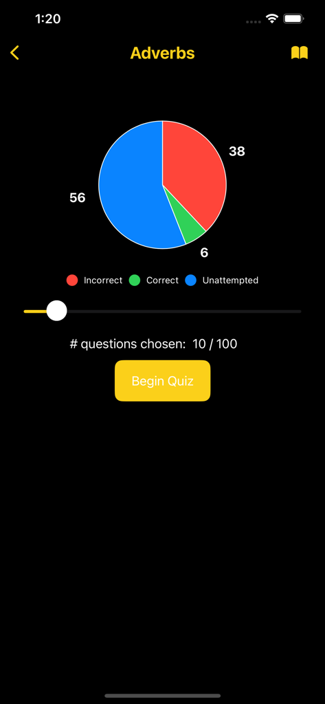 Grammar Express adverbs study screen with performance pie chart and quiz options.