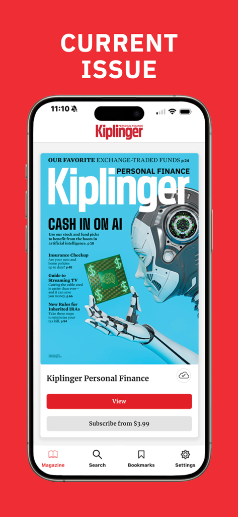 Kiplinger Personal Finance - Mobile app interface showing the current issue of Kiplinger Personal Finance magazine featuring an AI cover story