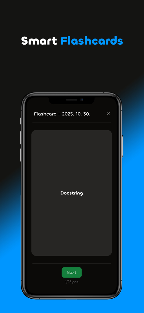 Skillion: Study Smarter - Interfaz de la aplicación Skillion que muestra una tarjeta de memoria inteligente para estudiar con el término 'docstring' y un botón 'siguiente'.