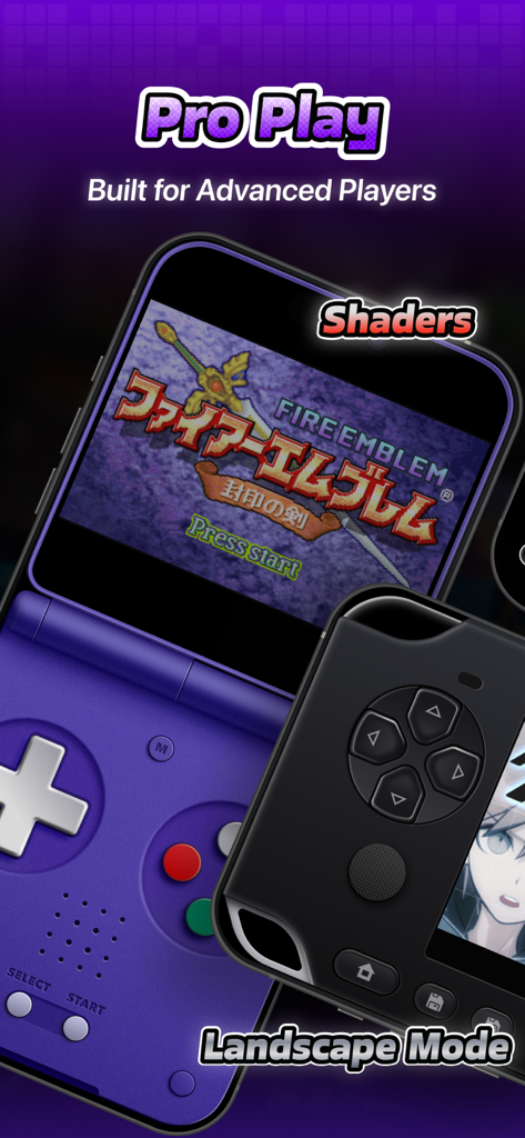 JOY Emulator - 3DS,PSX,PSP,GBA - JOY Emulator interface showing shaders and landscape mode with custom console skins.