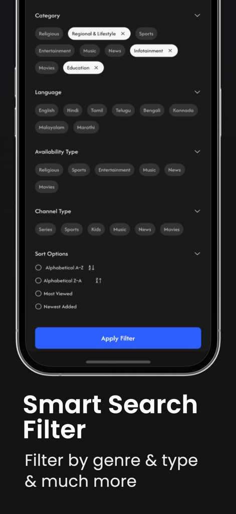 iPTV Pro - iPTV Smarter Player - Pantalla de Filtro de Búsqueda Inteligente en la aplicación iPTV Pro que permite a los usuarios filtrar contenido por categoría, idioma y tipo de canal.