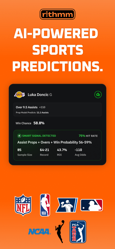 Pantalla de la aplicación Rithmm que muestra predicciones deportivas de IA y análisis de props de jugadores para partidos de la NBA.