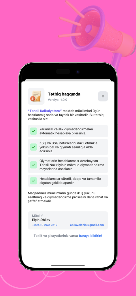 Təhsil Kalkulyatoru - Tehsil Kalkulyatoruアプリの「アプリについて」セクションで、教育的な採点機能の詳細を説明しています。
