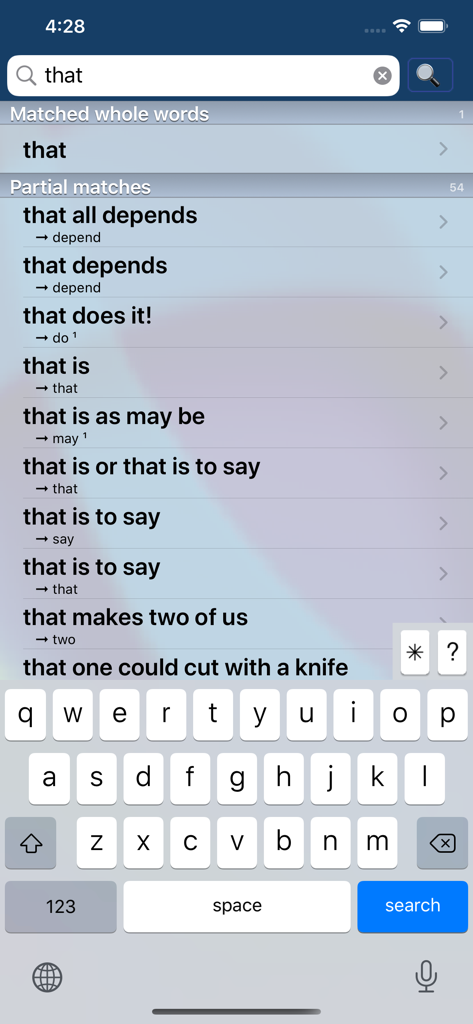 Oxford Dictionary of English. - Search interface of the Oxford Dictionary of English app showing word matches and phrases for the term that.