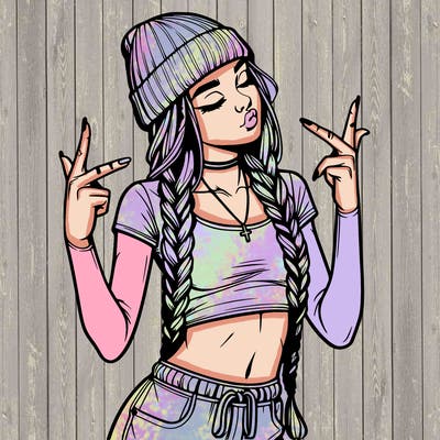 realistic teenage girl with braids and a beanie and crop top doing 🫶🏼