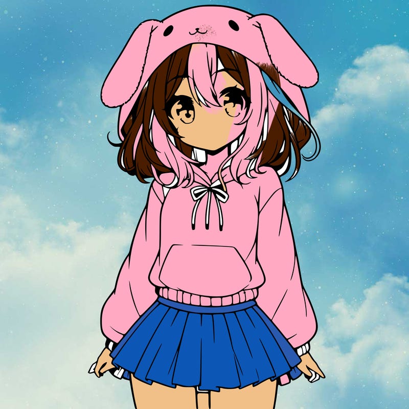 pretty anime girl wearing a fluffy hoodie with bunny ears on the hood and a skirt