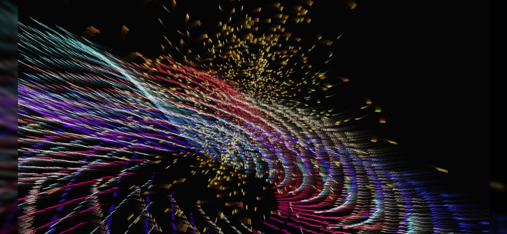 Vibrant 3D kinetic art with colorful glowing particles on a black background