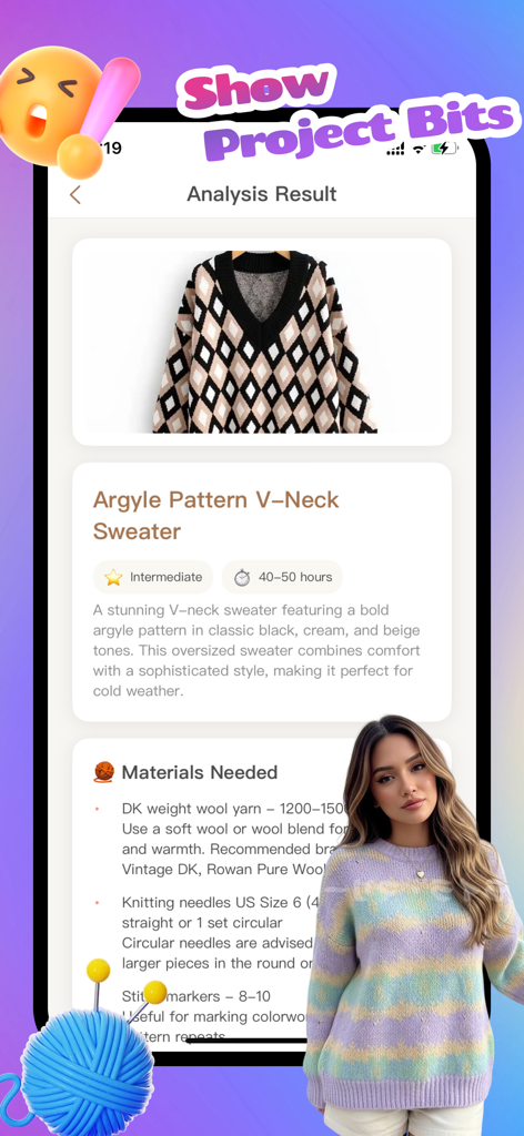 Texplix - Captura de tela do aplicativo Texplix exibindo análise de IA para um projeto de suéter com decote em V argyle, incluindo materiais e nível de dificuldade