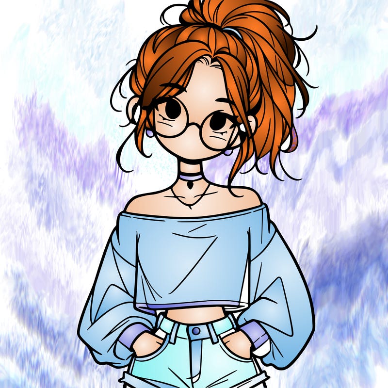 girl with a messy ponytail glasses a baggy crop top and jean shorts