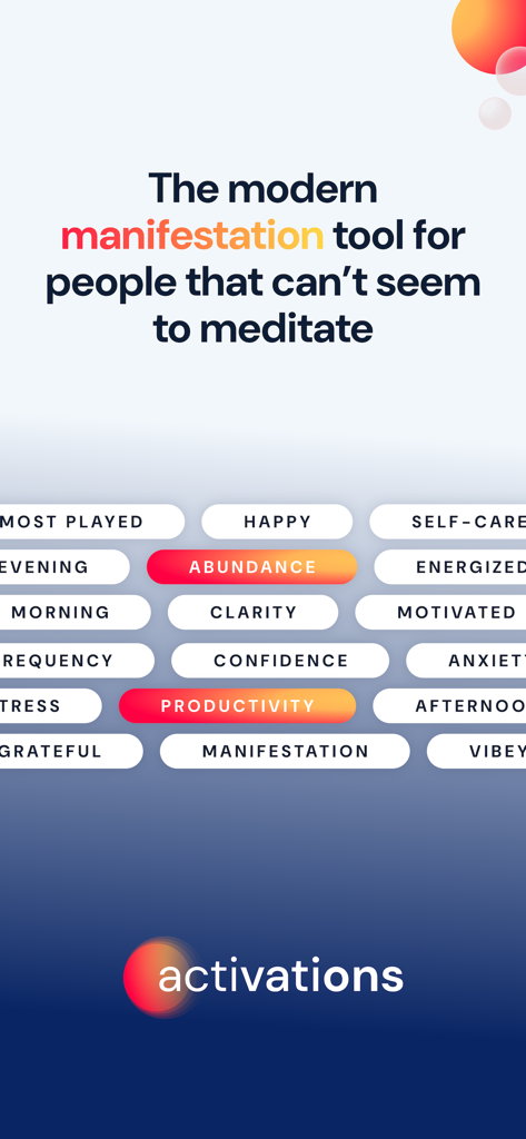 Activations: Daily Motivation - Activations app screenshot presenting wellness categories like abundance and productivity for modern manifestation