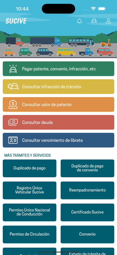 SUCIVE mobile app interface showing menu options for vehicle tax payments and traffic fine inquiries