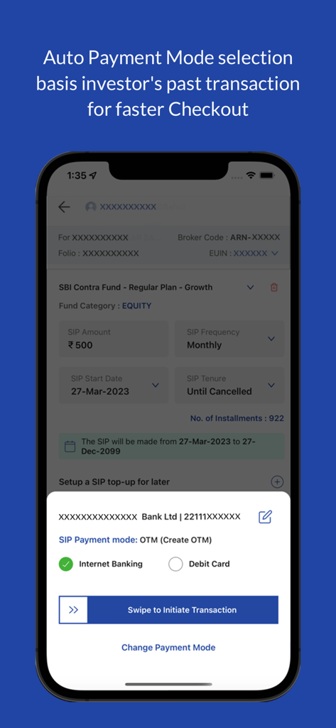 SBI MF Partner - A mobile interface for the SBI MF Partner app showing auto payment mode selection and a swipe to initiate transaction button for faster checkout