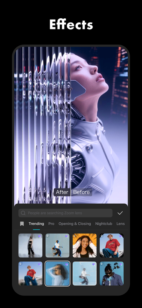 CapCut mobile app interface showing trending video effects and a split-screen filter preview