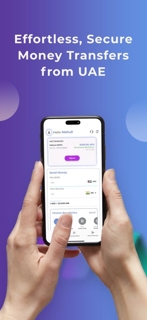 LMPAY mobile app screen showing options for secure international money transfers from the UAE