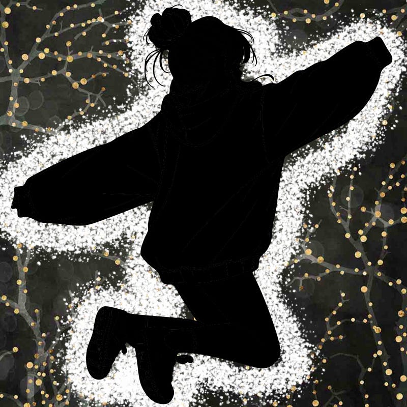 realistic girl jumping with a bun and oversized sweatshirt