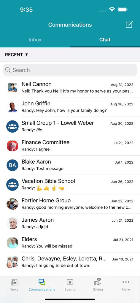 Realm Connect - For Our Church - The communications screen of the Realm Connect app showing a list of recent private and group chat messages within a church community.