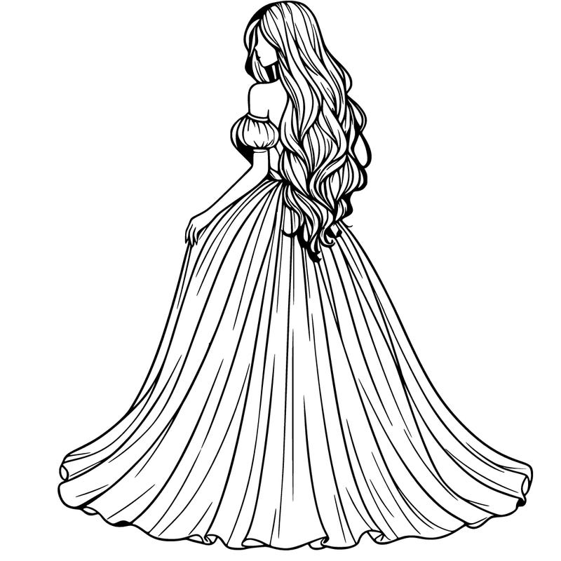 beautiful realistic girl with long dress that outlines the hips and long hair