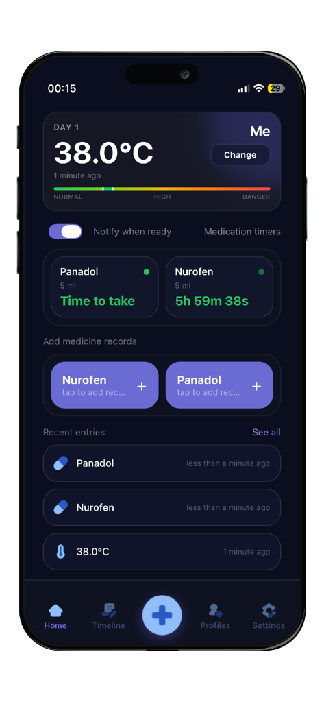 Fevly - Fevly app dashboard showing temperature record and medication timers in dark mode