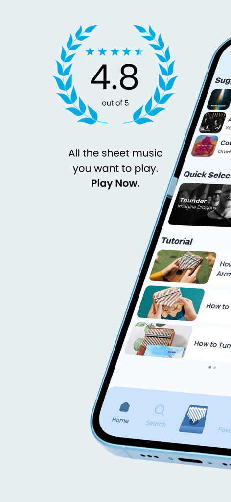 Kalimba Lessons: Learn & Play - Kalimba Lessons app interface showing music library tutorials and high user rating