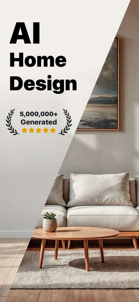 La aplicación AI Home Design mostrando la transformación de una habitación con reseñas de cinco estrellas y más de cinco millones de diseños generados