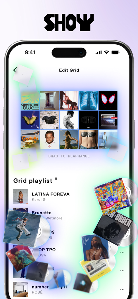 EQUALS: Make Friends via Music - Interfaz móvil de la app EQUALS mostrando la pantalla de edición de la cuadrícula de música con portadas de álbumes y discos de vinilo digitales.