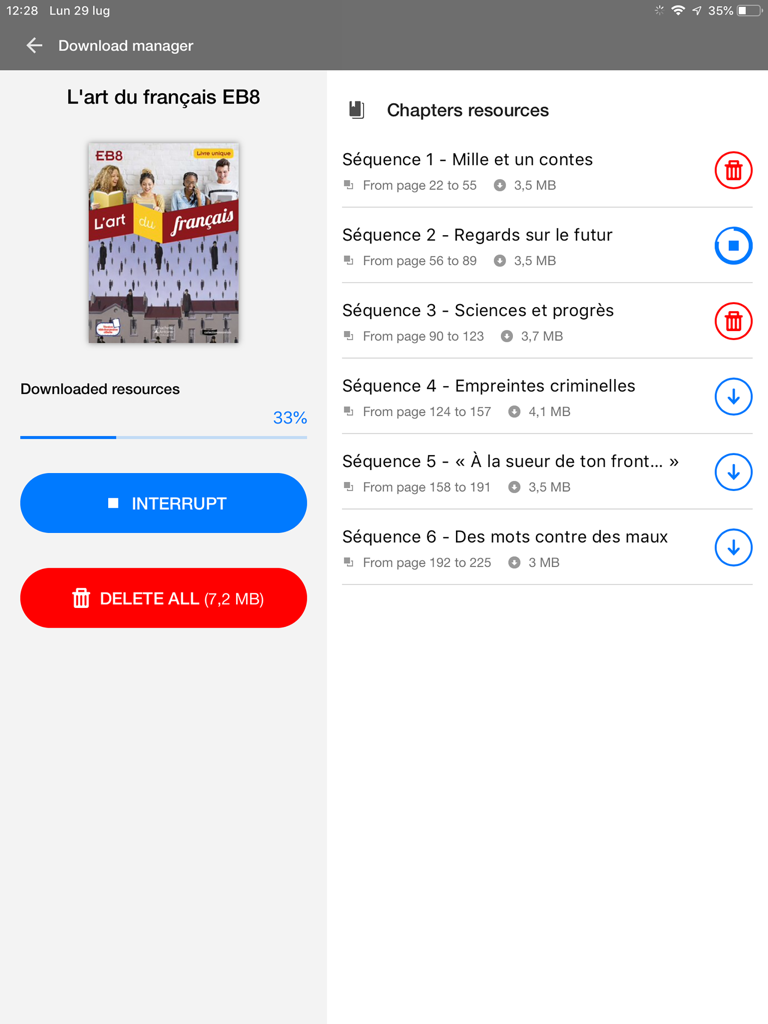 Hachette Antoine EDU - Hachette Antoine EDU app download manager interface showing chapter resources for a French textbook