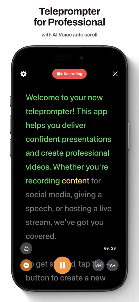 iPhone screen displaying the Teleprompter app interface with AI voice auto scroll and recording in progress