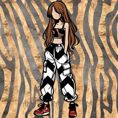 girl in baggy pants crop top and long hair