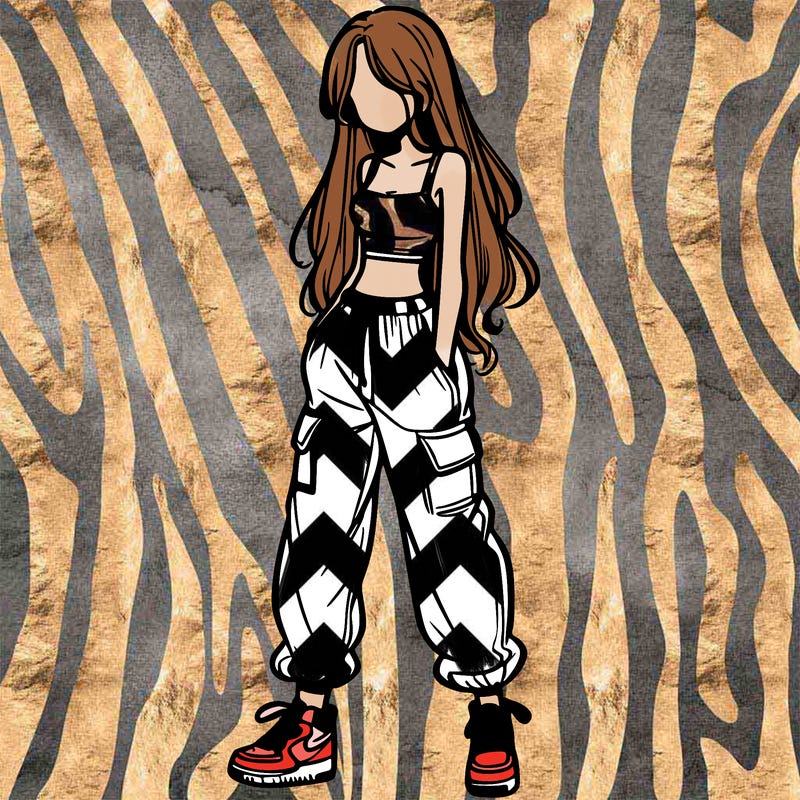 girl in baggy pants crop top and long hair