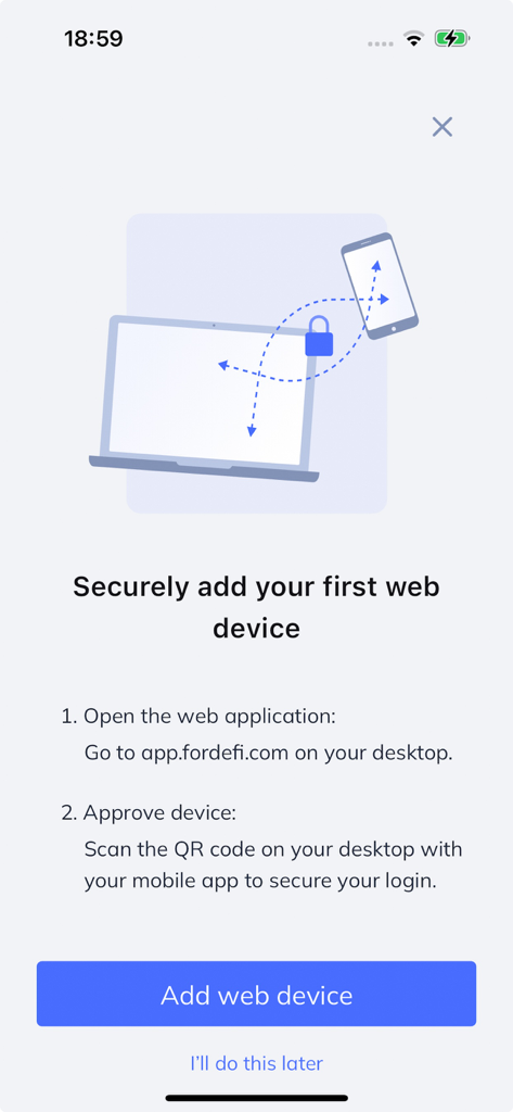 Fordefi mobile app screen for securely adding a web device by scanning a QR code on a desktop.