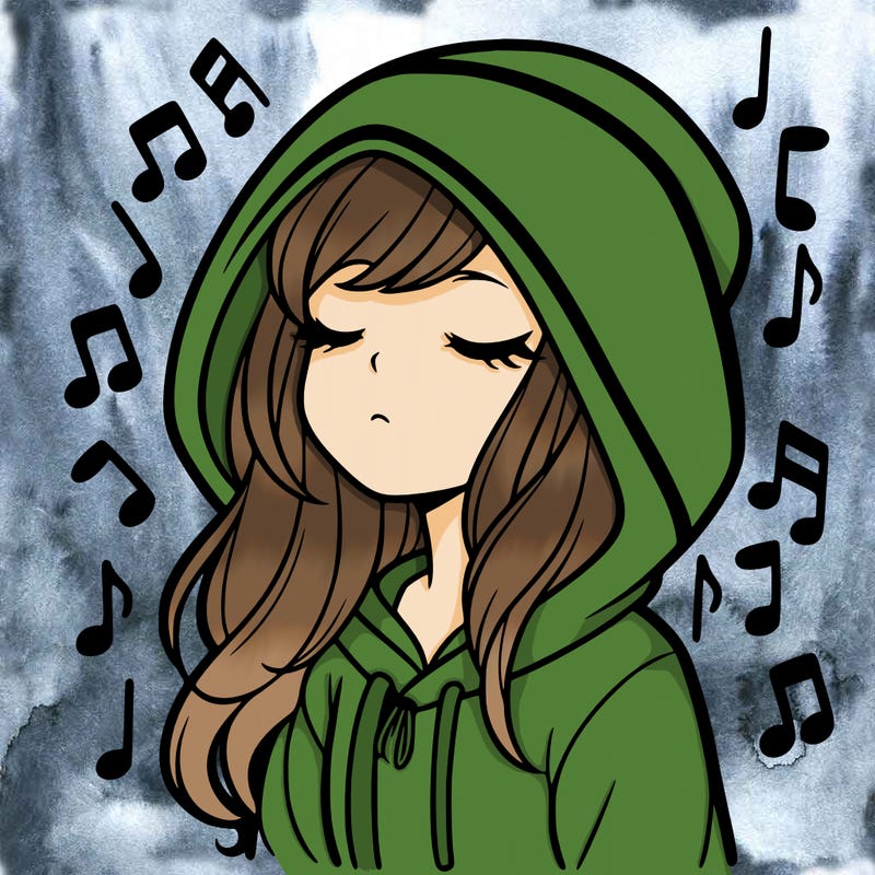 girl in hoodie with music notes