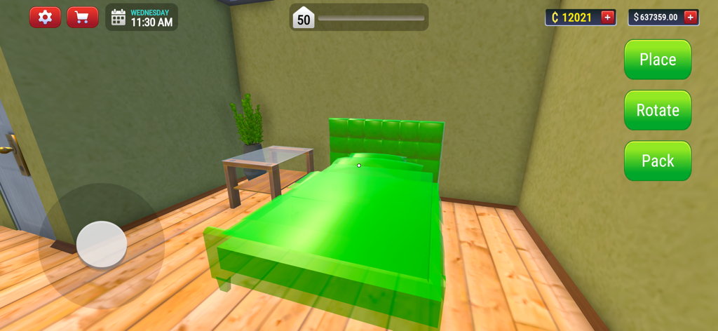 My Hotel Simulator 3D - Uma visão de jogabilidade em primeira pessoa de colocar e decorar uma cama em um quarto de hotel dentro do My Hotel Simulator 3D