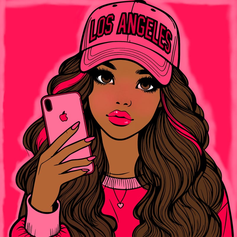 realistic beautiful girl wearing los ángeles cap holding an iphone