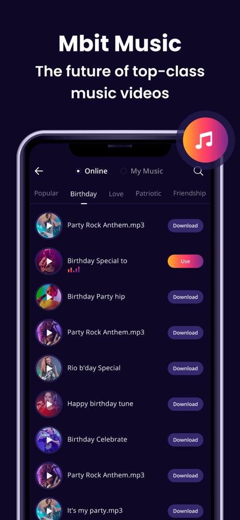 MBit: Reels & Video Templates - MBit 앱의 인터페이스에 비디오 편집을 위한 다양한 생일 테마 트랙이 있는 음악 라이브러리 표시