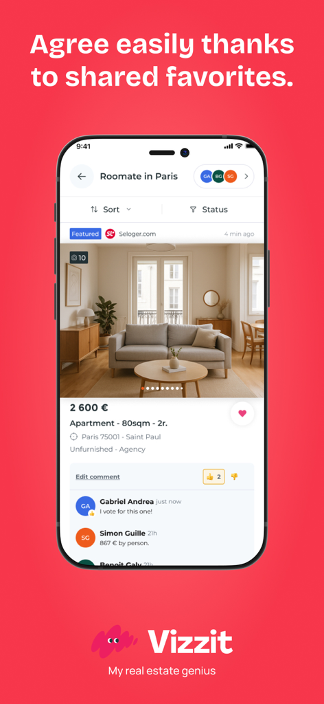 Vizzit - achat location - Vizzit mobile app showing a shared property listing with comments and votes from roommates