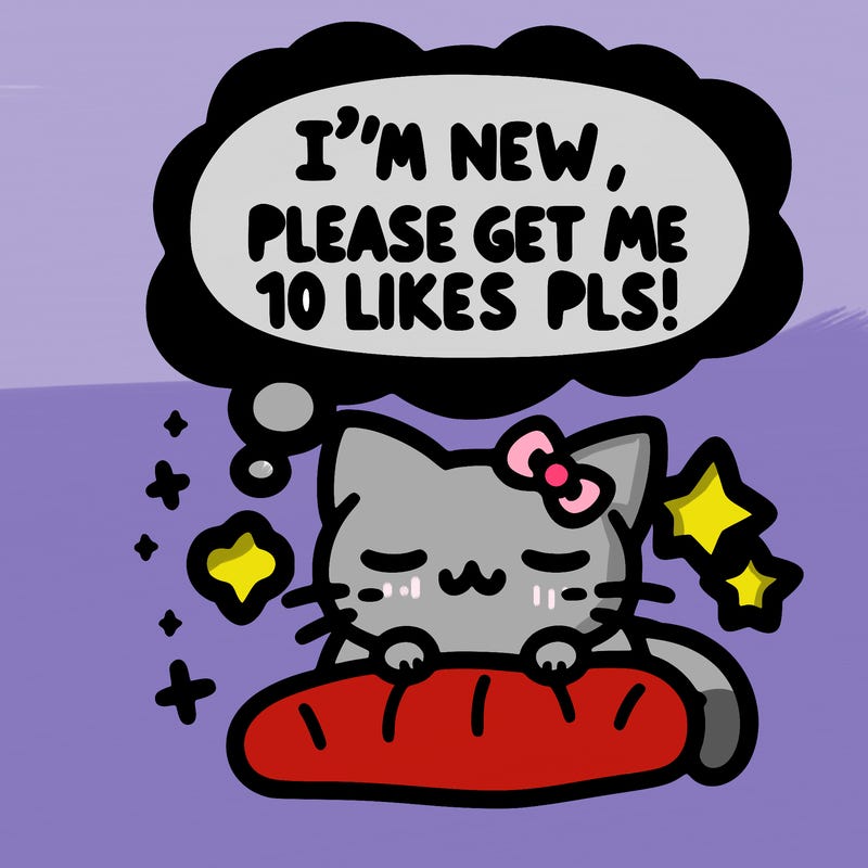 kitty taking a nap dream talking and saying "i'm new, please get me at least 10 likes pls!!"